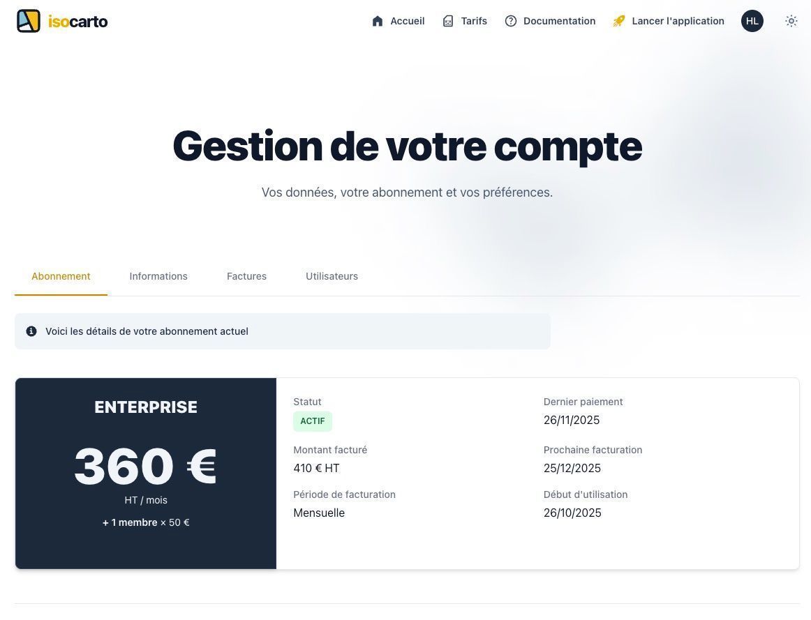 Capture d'écran de l'onglet 'Abonnement' avec les sections 'Votre abonnement actuel', 'Historique des factures' et 'Moyens de paiement' visibles