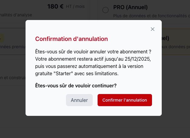 Fenêtre de confirmation d'annulation avec le message 'Êtes-vous sûr de vouloir annuler votre abonnement ?' et les boutons 'Annuler' et 'Confirmer'