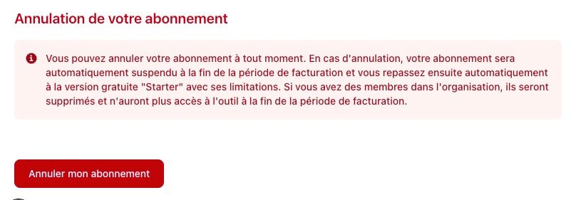 Section de l'abonnement avec le bouton 'Annuler l'abonnement' mis en évidence