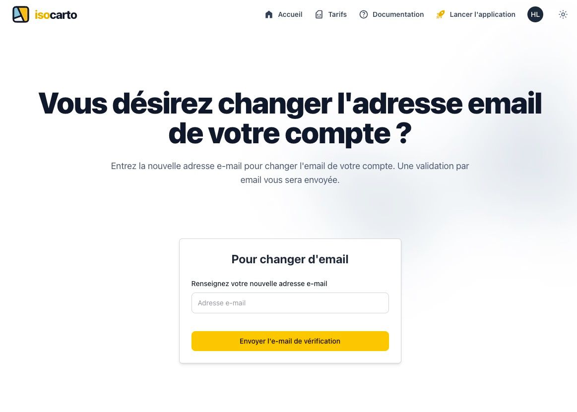 Formulaire de changement d'email avec les champs 'Nouvel email' et 'Confirmer le nouvel email' et bouton 'Mettre à jour'