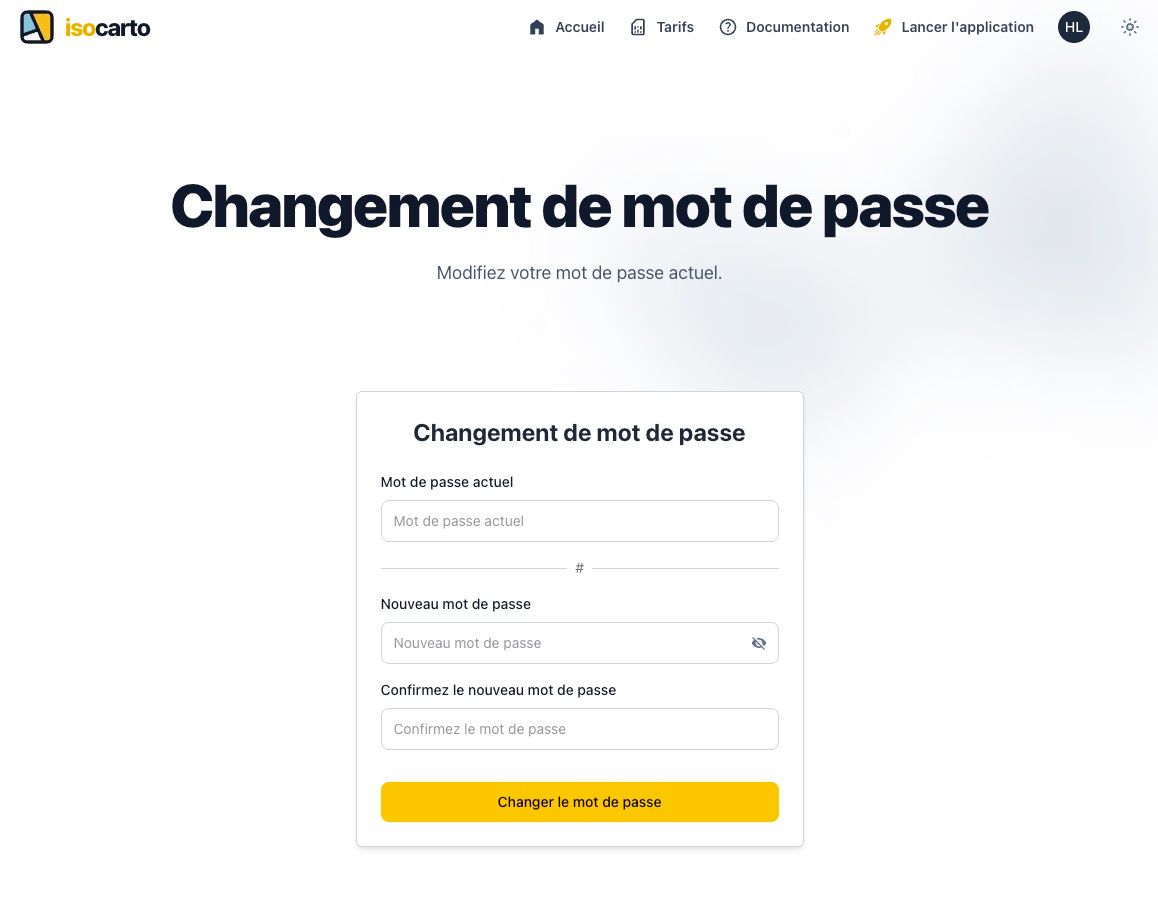 Formulaire de changement de mot de passe avec les champs 'Mot de passe actuel', 'Nouveau mot de passe' et 'Confirmer le nouveau mot de passe'