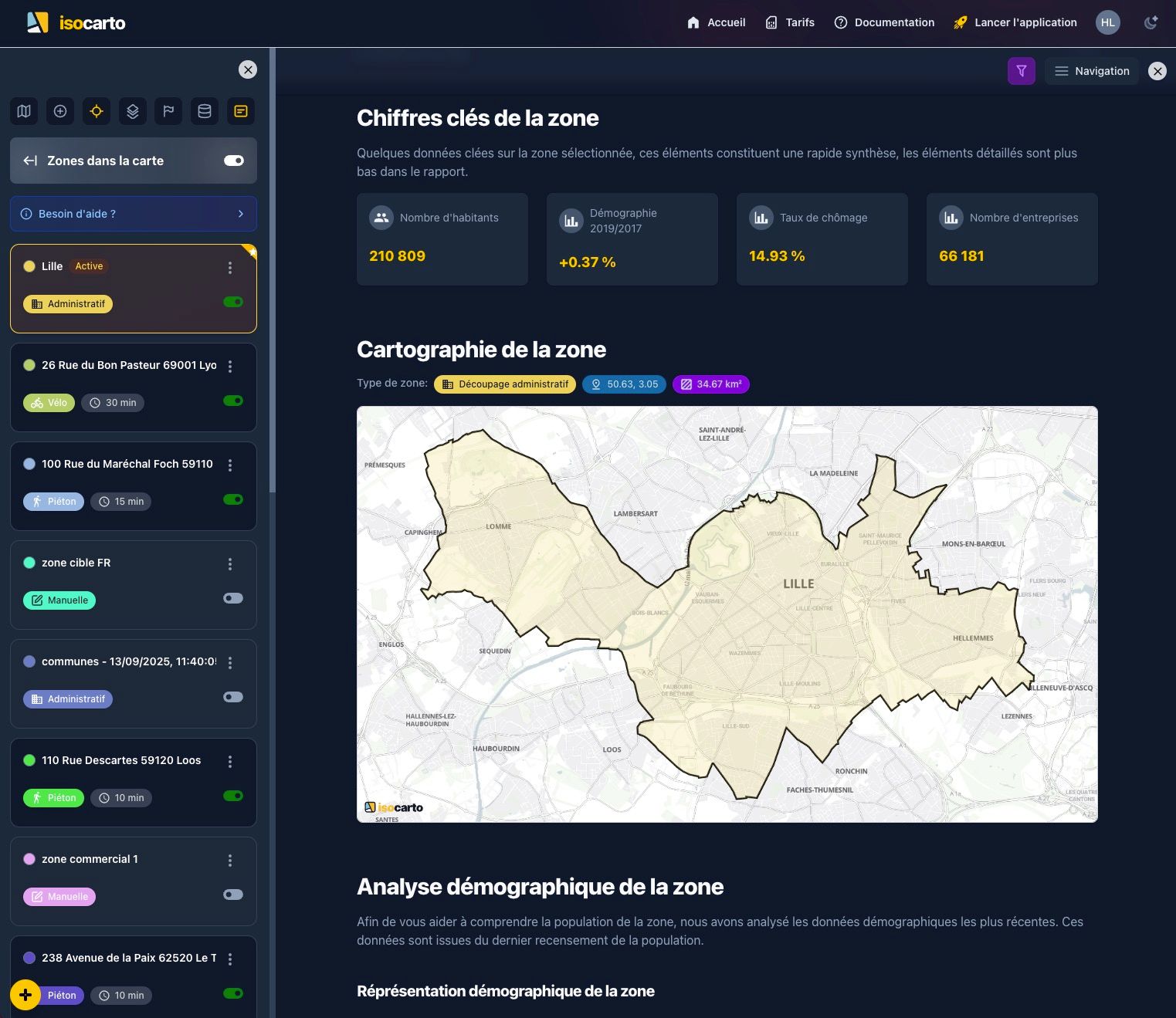 Interface d'Isocarto en thème sombre avec la barre de navigation noire et le fond de carte sombre