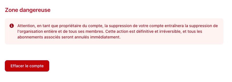 Section 'Supprimer définitivement le compte' avec le bouton rouge 'Supprimer mon compte' et un message d'avertissement sur l'irréversibilité de l'action