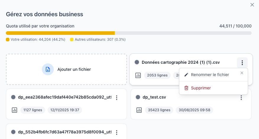Menu contextuel d'un fichier avec les options 'Renommer le fichier' et 'Supprimer' disponibles