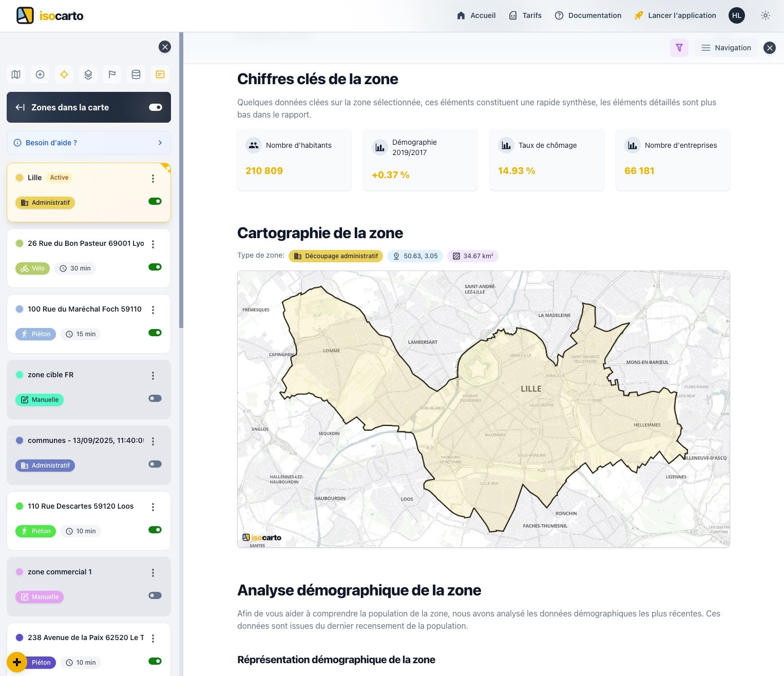 Interface d'Isocarto en thème clair avec la barre de navigation blanche et le fond de carte clair