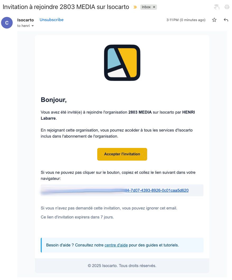 Aperçu de l'email d'invitation reçu par le nouveau membre avec les détails de l'organisation et le bouton 'Accepter l'invitation'