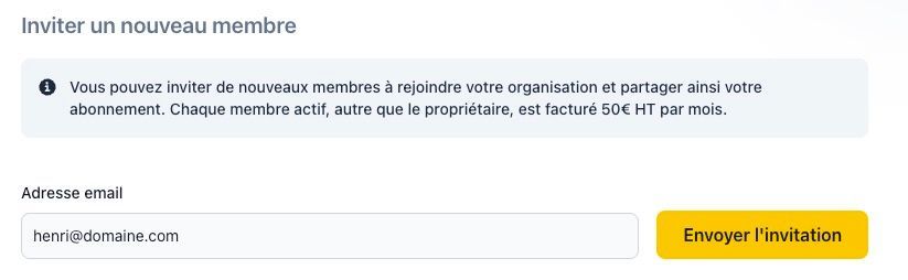 Formulaire d'invitation d'un nouveau membre avec champ d'email et bouton d'envoi d'invitation