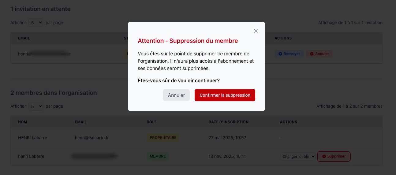 Fenêtre de confirmation de suppression avec le message d'avertissement et les boutons 'Annuler' et 'Supprimer'