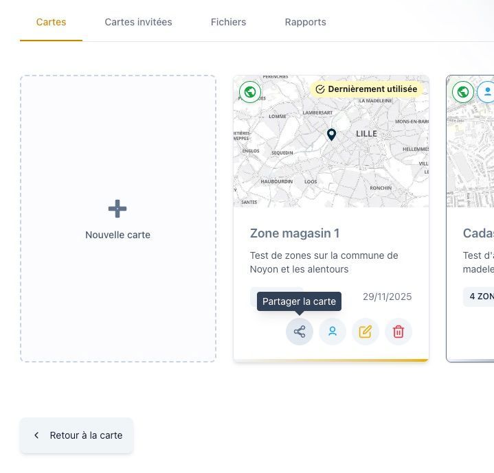 Interface de la page 'Vos cartes' avec le bouton de partage d'une carte sélectionnée