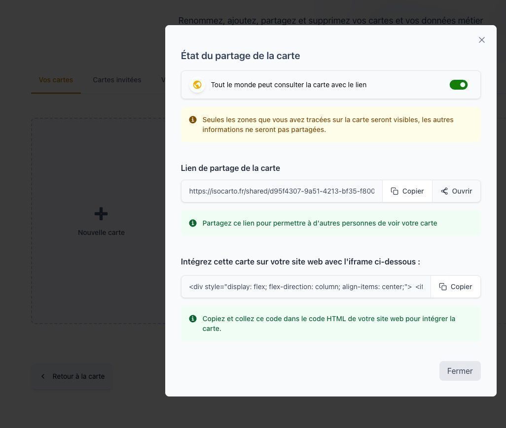 Interface de partage public avec options de lien direct et code d'intégration iFrame