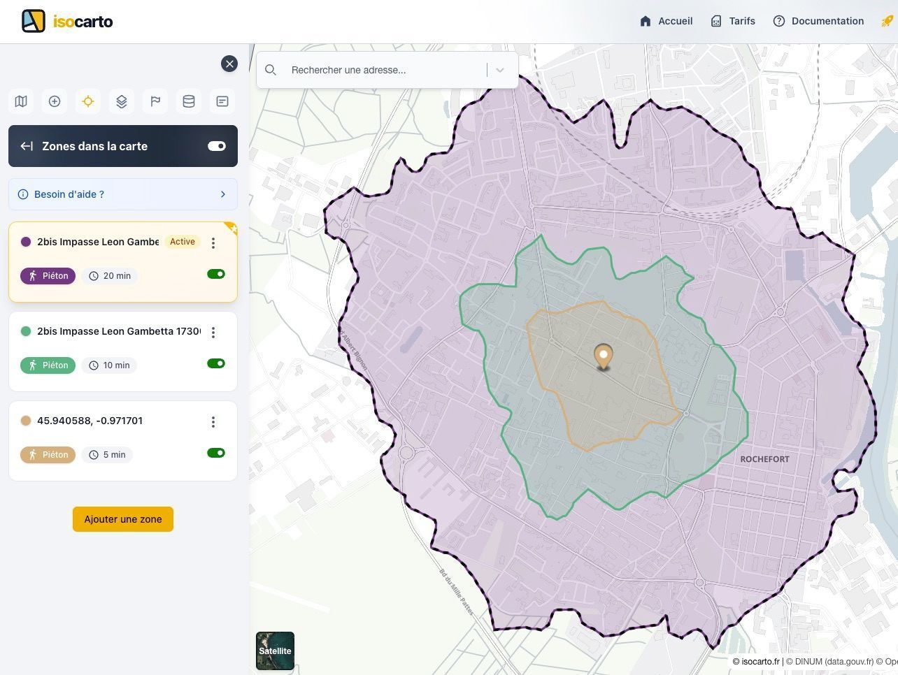 Représentation visuelle des trois zones de chalandise (primaire, secondaire, tertiaire) autour d'un point de vente central