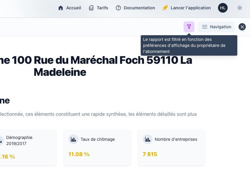 Barre d'outils du rapport avec l'icône de filtre mis en évidence pour accéder aux options de personnalisation