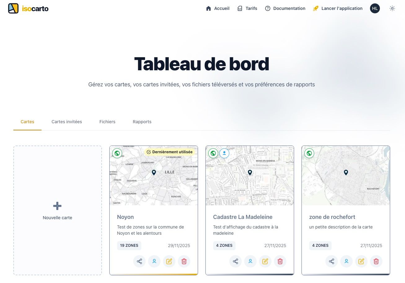 Vue d'ensemble du tableau de bord des cartes montrant la liste des cartes avec leurs noms, descriptions et nombre de zones associées