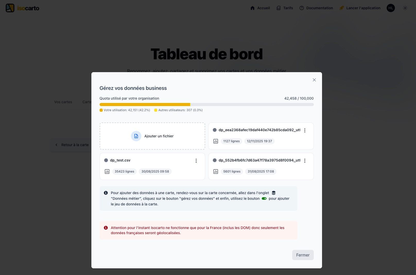 Interface de gestion des fichiers avec la liste des fichiers importés, l'indicateur d'utilisation du quota et les boutons d'action (ajouter, éditer, supprimer)