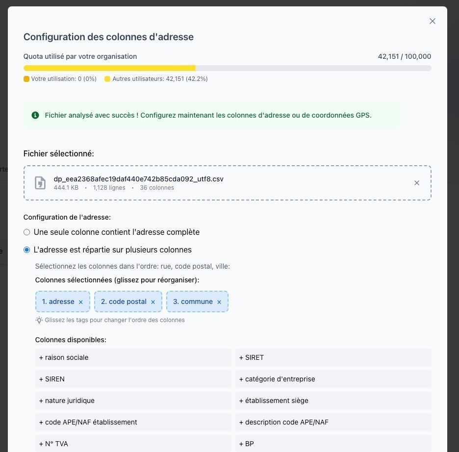 Interface de sélection des colonnes d'adresse avec les champs pour la rue, le code postal et la ville
