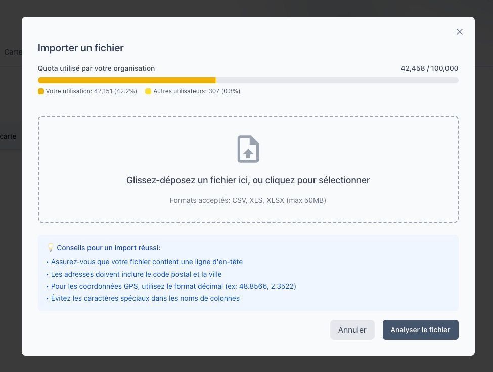 Interface d'ajout de fichier avec le bouton de sélection de fichier et les formats acceptés (CSV, XLSX, XLS)